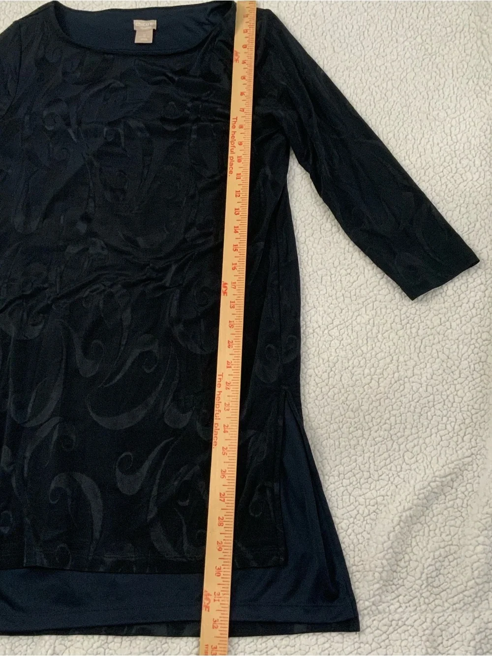 Chico’s Liquid Knit 3/4 Sleeve Tunic Top Black Size Small 4/6 Stretch Side Slit